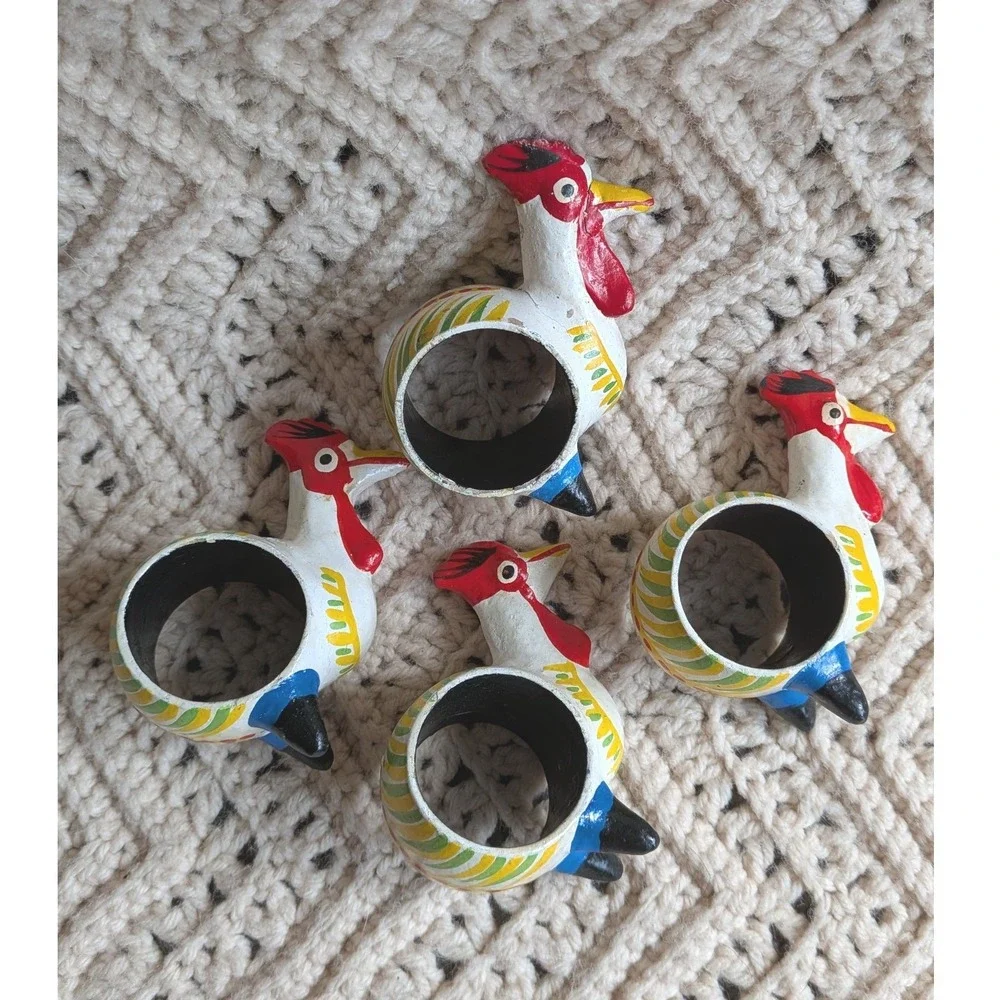 Vintage Hand Painted Rooster Napkin Rings‎ Set of 4 Folk Art Farmhouse Decor